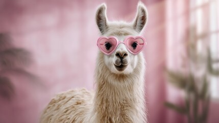 Obraz premium Smiling white llama wearing pink heart-shaped eyewear on soft light pink background