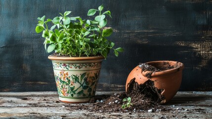 2.A beautifully painted ceramic flower pot filled with vibrant green plants placed next to a shattered terracotta pot, with scattered soil and broken shards on a rustic wooden table.
