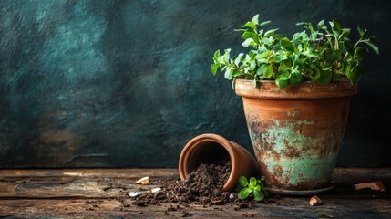2.A beautifully painted ceramic flower pot filled with vibrant green plants placed next to a shattered terracotta pot, with scattered soil and broken shards on a rustic wooden table.