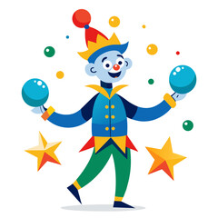 Blue clown juggling blue balls with stars vector