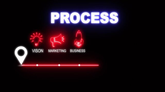 Glowing neon process concept with thin line icons on black background. Infographic design. Chart with animated icons. internet and target isolated on transparent background.