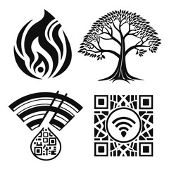Four distinct black and white icons depicting fire tree wifi signal and qr code in a square layout