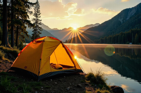 yellow camping tent on the shore of the lake at dawn. tourism. organization of tours for recreation in the highlands.