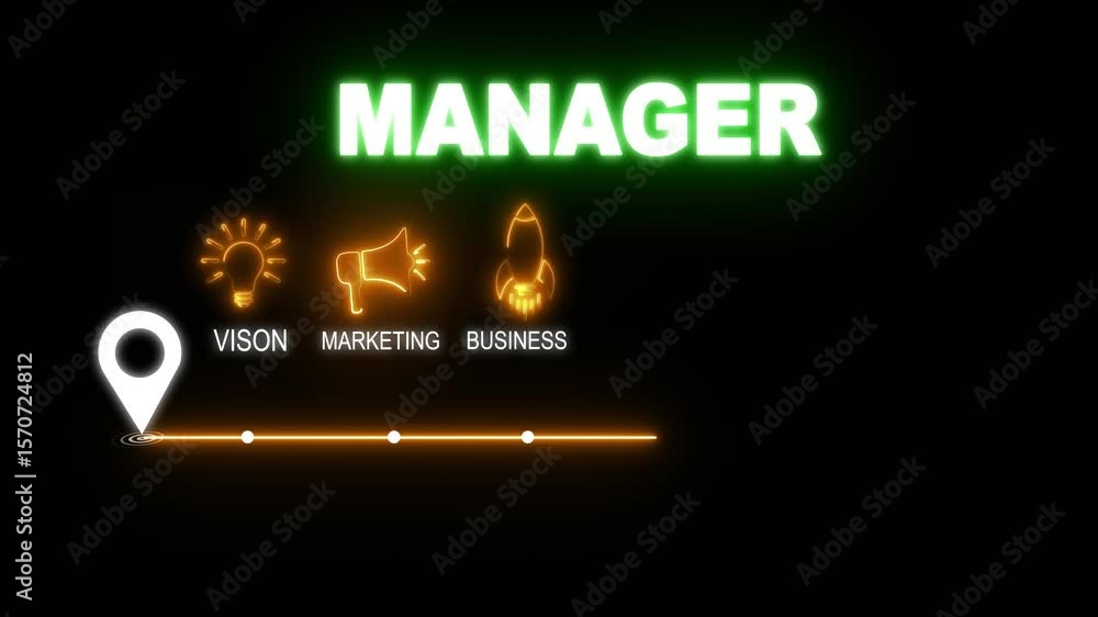 Poster glowing neon manager concept with thin line icons on black background. infographic design. chart wit