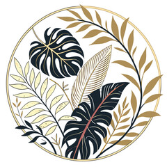 Botanical illustration with monstera and tropical leaves in a golden circle frame design element