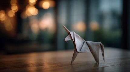 White paper origami unicorn resting on wooden table with blurred sunset background close up shot