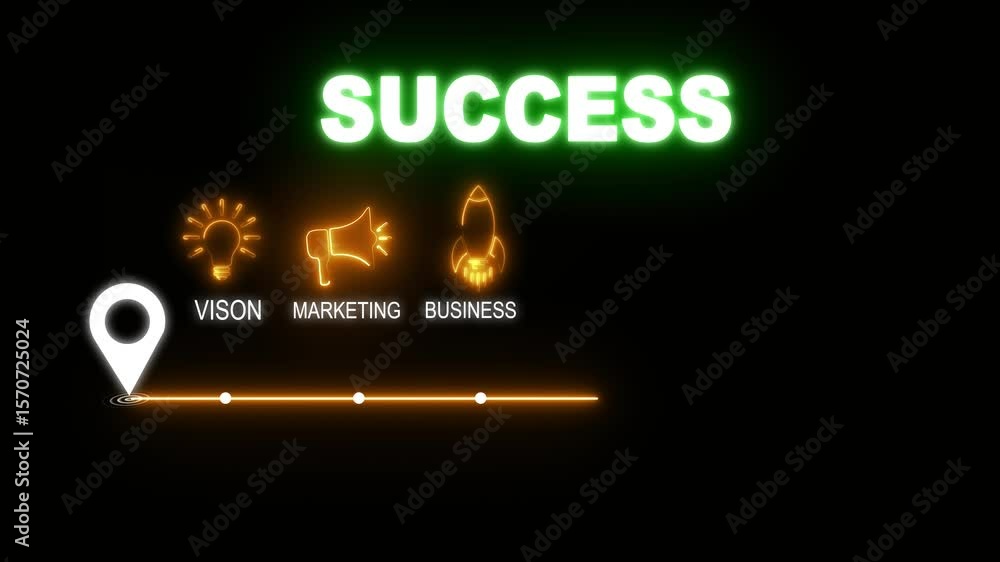 Poster glowing neon success concept with thin line icons on black background. infographic design. chart wit