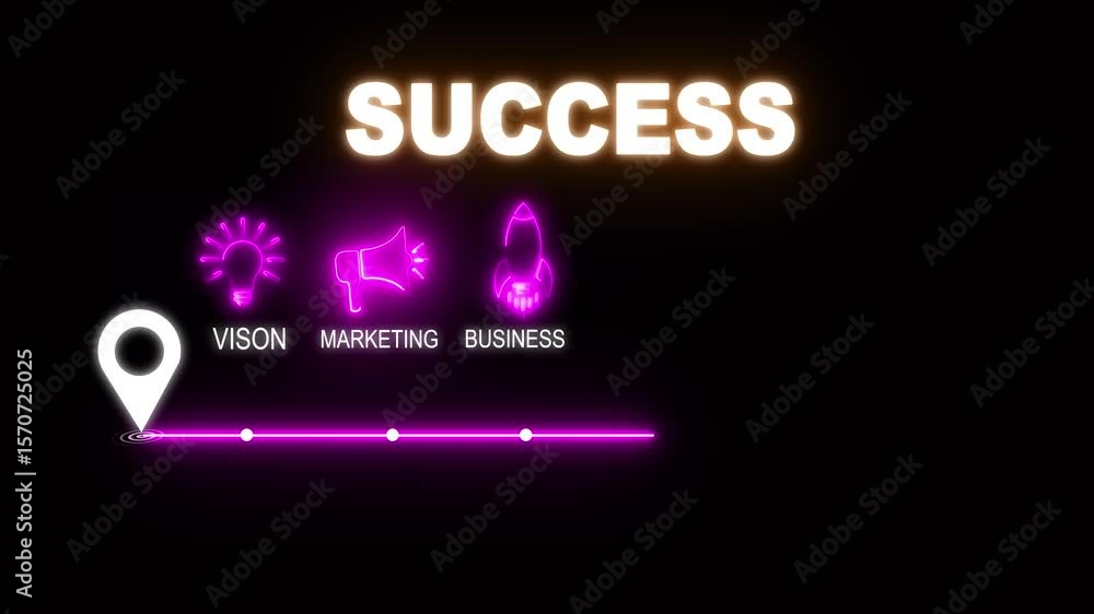 Poster glowing neon success concept with thin line icons on black background. infographic design. chart wit