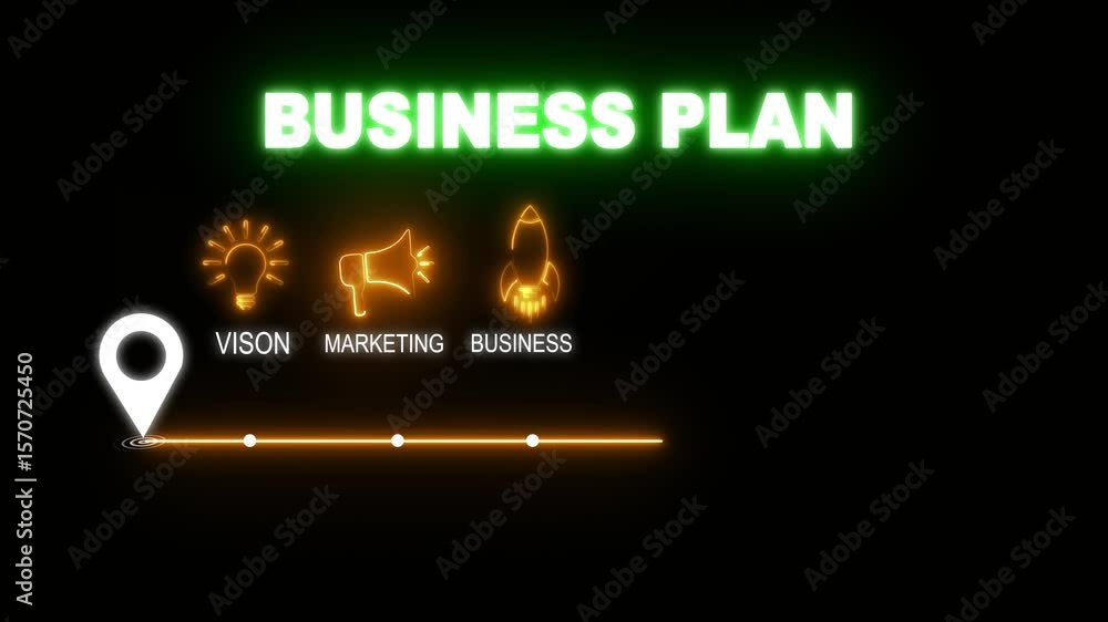 Poster glowing neon business plan concept with thin line icons on black background. infographic design. cha