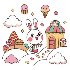 Fototapeta premium Cheerful bunny in candy land with sweet treats and fluffy clouds cupcakes ice cream