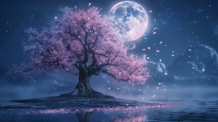 A majestic cherry blossom tree in full bloom under a full moon	A magnificent cherry blossom tree stands alone, its pink blossoms glowing softly under the bright light of a full moon in a clear night s