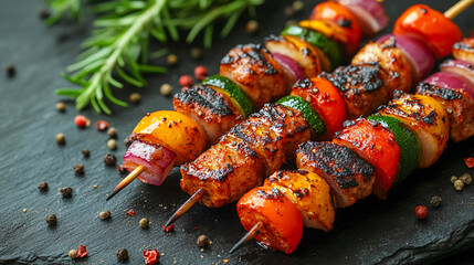 Kebabs made from pieces of meat and vegetables strung on wooden skewers. The meat and vegetables are perfectly fried, covered with an appetizing crust, with black and red spices