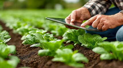 A man, a farmer, using a smartphone in the garden. He holds the device over the green plants, carefully examining or analyzing them. The use of technology to control or care for plants.