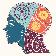 Stylized profile of a head with gears and swirls in a segmented color block design illustration