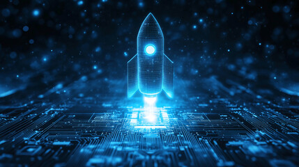 A rocket taking off into space is surrounded by digital communication lines and networks. Technological progress and space travel. Digital business.