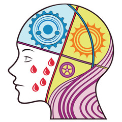 Illustration of a head with gears sun wheel tears and wavy lines representing different concepts