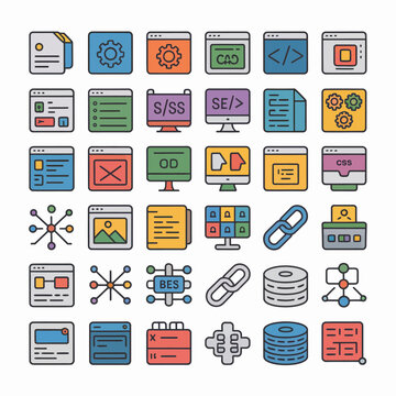 Colorful Web Development Icons Collection Featuring Programming Code Symbols Database Links and Network Diagrams Illustrative Style Flat Design Diverse Color Palette