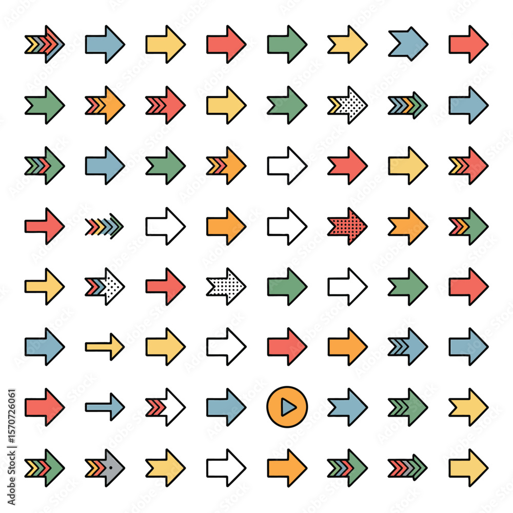 Poster diverse grid of colorful arrows in various styles and directions a collection of sixty four unique a