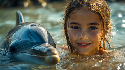 A girl swimming in a pool with a dolphin. Summer vacation and fun.