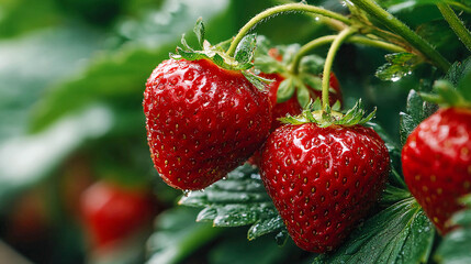Ripe strawberries surrounded by green leaves. Freshness and summer harvest.