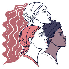 Three diverse women profiles with different hairstyles looking forward in a stylized illustration