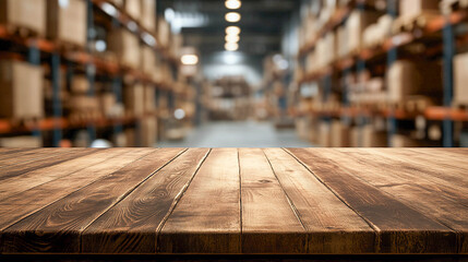 In the foreground, there is an empty wooden table or shelf, and in the background, there is a warehouse or storage room with shelves filled with boxes and products. Product placement.
