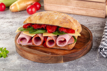 Ciabatta with mortadella, tomato, cheese and spinach