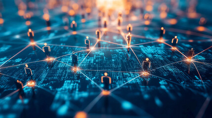 A digital network or communication concept presented as an abstract graphical interface. Glowing icons of people connected by lines that form a complex network.