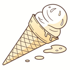 Creamy vanilla ice cream cone melting on white dessert sweet