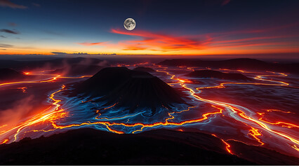 Io's sulfur volcanoes. The Loki Patera volcanic lake erupts: rivers of molten sulfur glow blue at 1,200°C. Jupiter's shadow creates an eerie aurora on the volcanic plains.