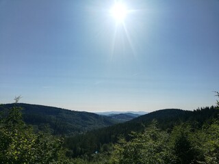 Middle of the day in the mountains. Scenic wide sudetes panorama.