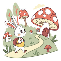 Cute bunny walking through mushroom village with backpack rabbit