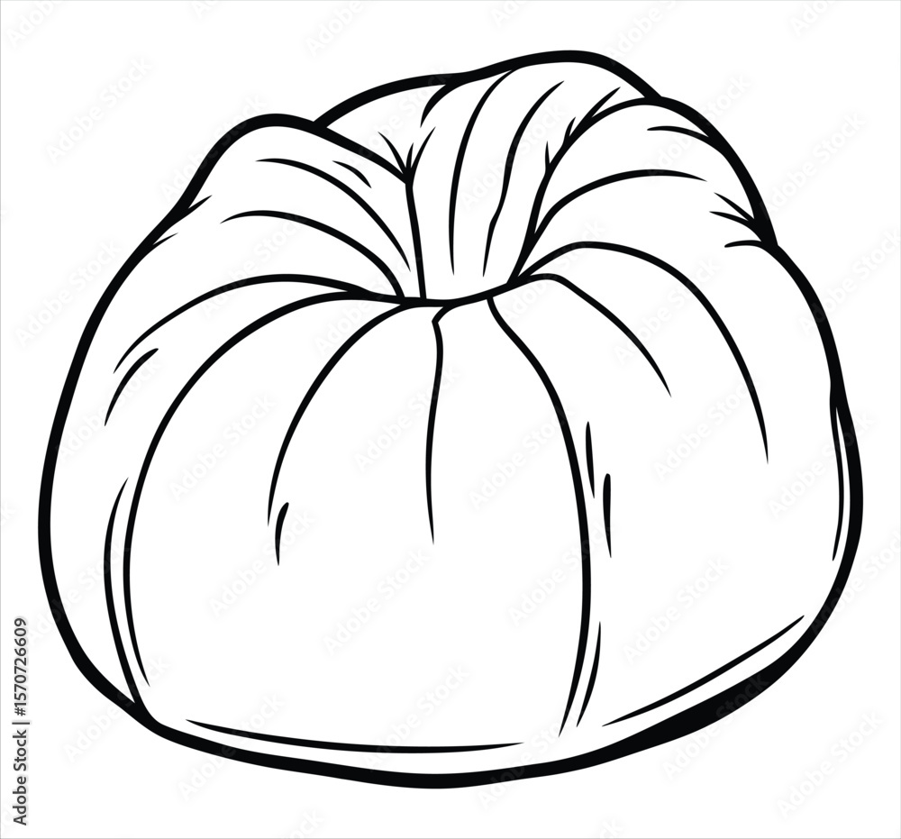 Poster a simple hand-drawn line art illustration of a round plush beanbag chair with visible stitching deta