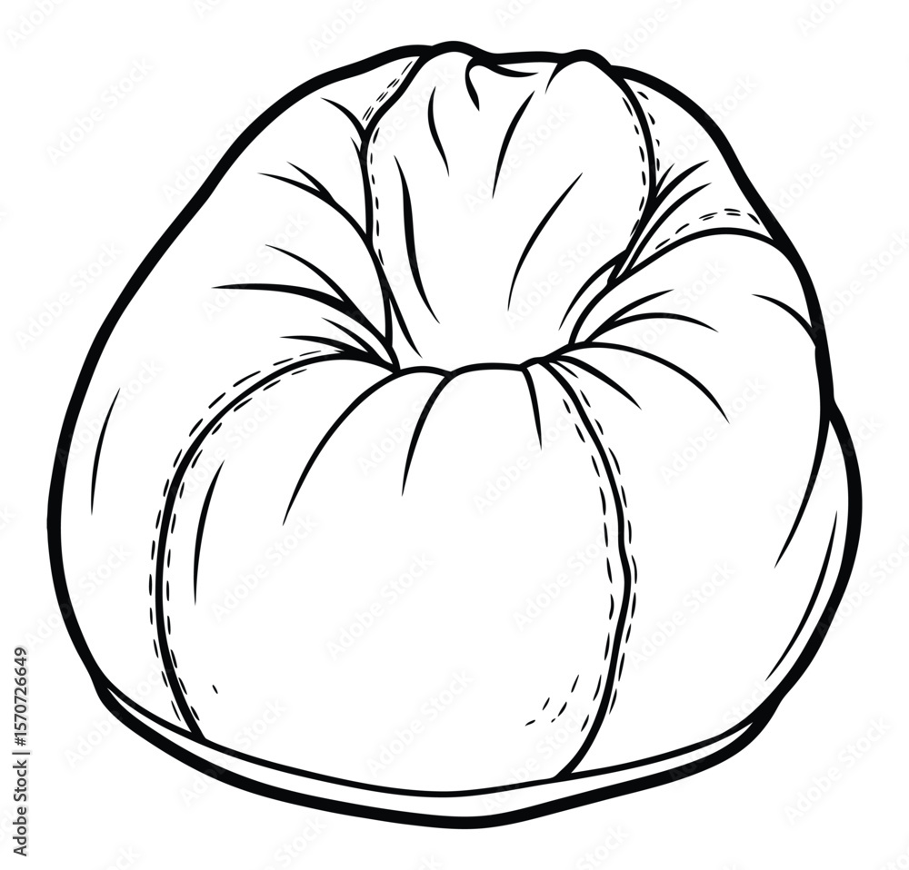 Poster a simple hand-drawn line art illustration of a round plush beanbag chair with visible stitching deta