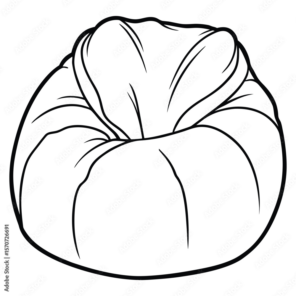 Poster a simple stylized black and white line drawing of a plump round beanbag chair with a soft inviting s