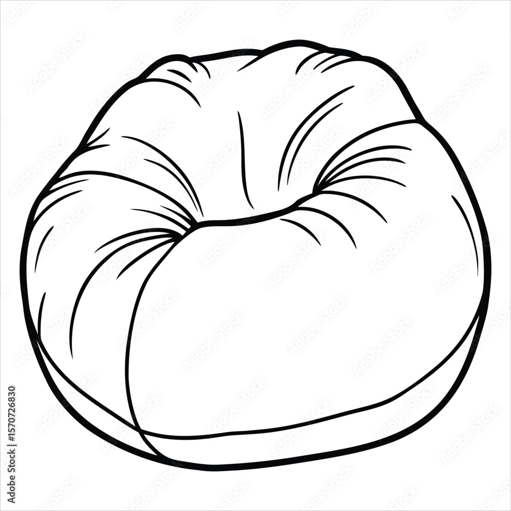 Poster simple black and white line drawing of a round plush beanbag chair with visible stitching and a soft