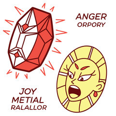 Illustration showing joy metial ralallor gem and anger orpory face with red accents and black outlines