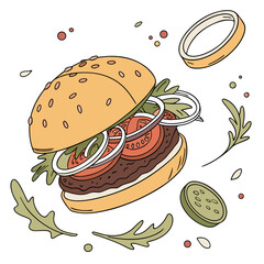 Delicious burger with fresh ingredients and scattered elements hamburger patty