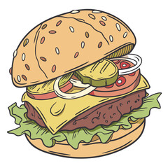 Delicious burger with lettuce tomato cheese onion and pickles hamburger fast food