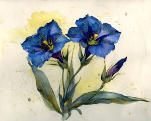 Delicate royal blue gentian blossoms with vibrant yellow stamens set against pale neutral background