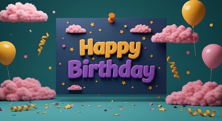 Festive 3D Happy Birthday Celebration with Balloons and Confetti Decoration
