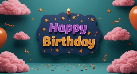 Cute 3D Rendered Happy Birthday Message with Balloons and Clouds Illustration