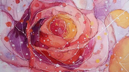 Loose watercolor rose with red pink yellow orange and purple droplet splashes on pastel pinkish white background