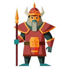 Fierce warrior with spear and horned helmet armor medieval