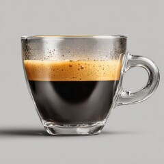 A single serving of espresso in a clear glass cup with a visible crema layer, sits on a grey surface, casting a subtle shadow