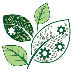 Illustration of leaves with circuit board patterns and gears representing technology and nature 100