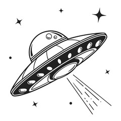 Flying saucer emitting light beam among stars spaceship alien