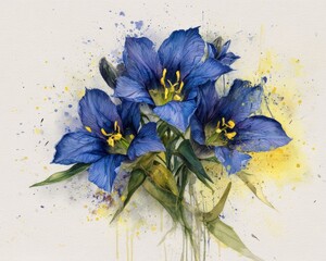 Royal blue gentian flowers with dark throats and yellow stamens against pale background