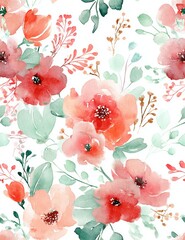 Soft abstract watercolor floral bouquet in light red coral and mint green Clean Lines on white background