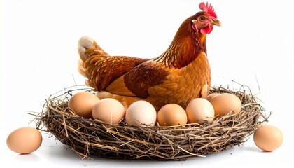 Hen Sitting on Nest of Fresh Brown Eggs White Background.